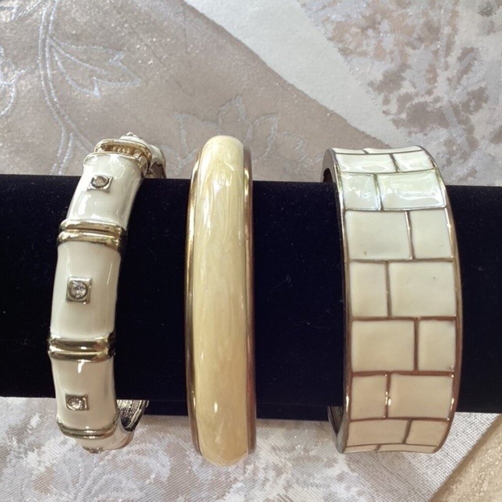 3 cream, ivory, white and gold bangle bracelets